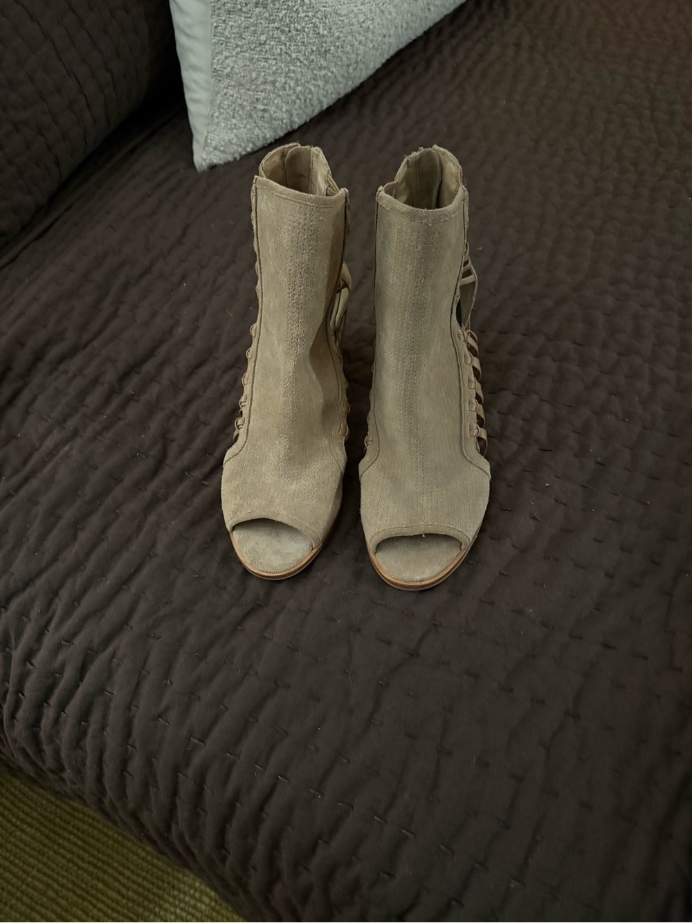 Dolce Vita Taupe Suede Peep-Toe Lace-Up Ankle Boots